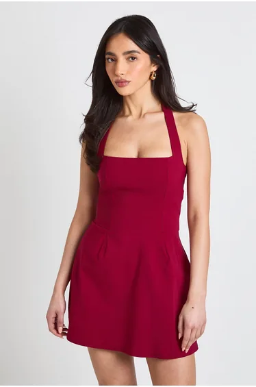 Square Halter Neck Mini Dress - cherry