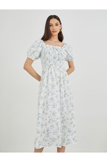 Floral Print Puff Sleeve Smocked Midi Dress