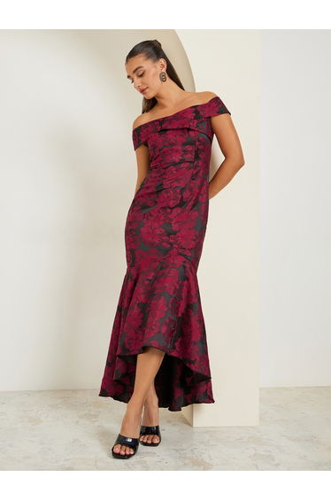 Women Jacquard Off Shoulder Maxi Evening Dress