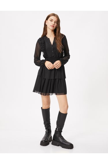 Tulle Mini Dress Long Sleeve Tiered Gimped and Button Detail Ruffle Lined
