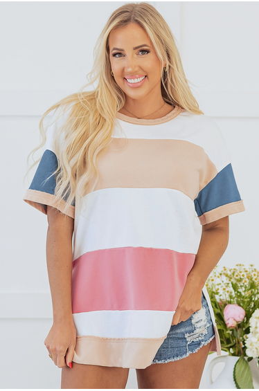Multicolour Colorblock Patchwork Side Split Tunic T Shirt
