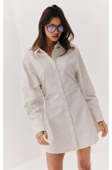 Cream Pinstripe Seersucker Cinched Waist Shirt Dress