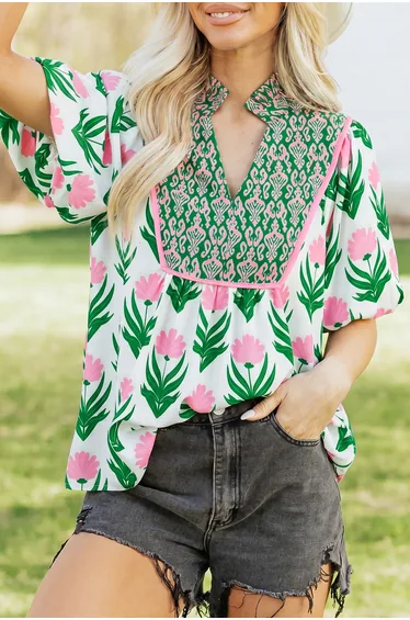 Lvness Floral Print Puff Sleeve Contrast Bordered V Neck Blouse