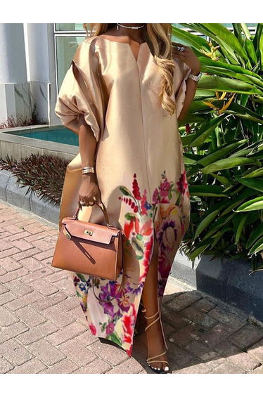 A-Line Half Sleeves Elasticity Flower Print Split-Front V-Neck Maxi Dresses