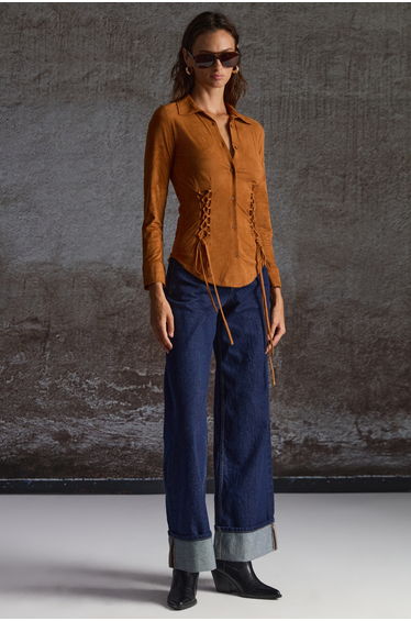 GRIMELANGE BOGOTAN Women's Slim Fit Body-Hugging Suede Waist Tie String Brown Shirt