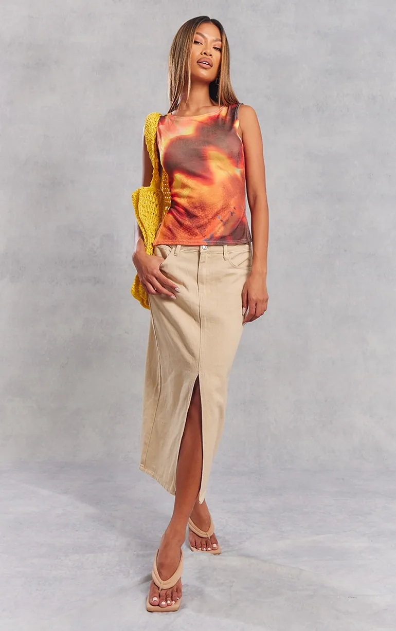 Washed Stone Split Front Mid Rise Denim Midi Skirt