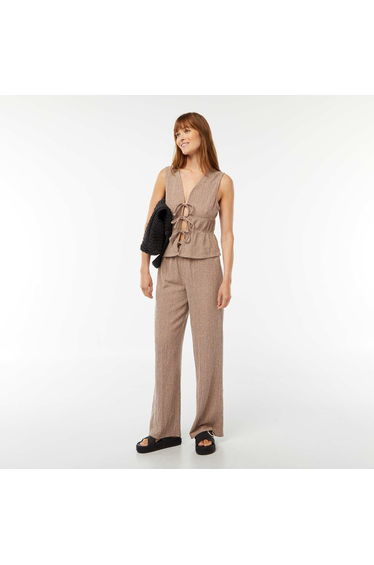 Sleeveless waffle-knit top with ties BROWN