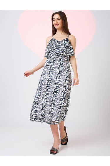 Leopard Printed V-Neck Strappy Midi Dress