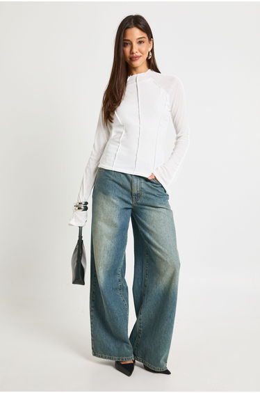 Double Layer Textured Mesh Exposed Seam Detail Long Sleeve Top - cream