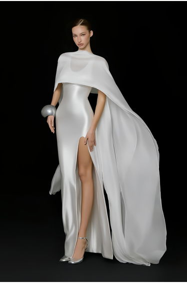 Rosana White Tiered Cape Maxi Dress with High Slit