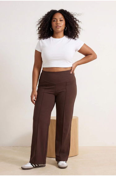 Brown Soft Brushed Fabric Wide Leg Plus Size Pants