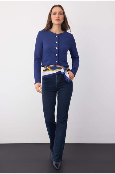 Wardrobe Essentials – Navy Blue Button and Pocket Detailed Knit Jacket |