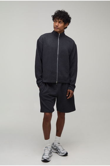 Oversized Boxy Rib Dual Ended Zip Through Funnel Neck Short Tracksuit - charcoal