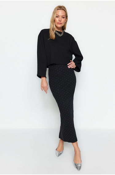 Black Sticky Stone Midi Knitted Skirt