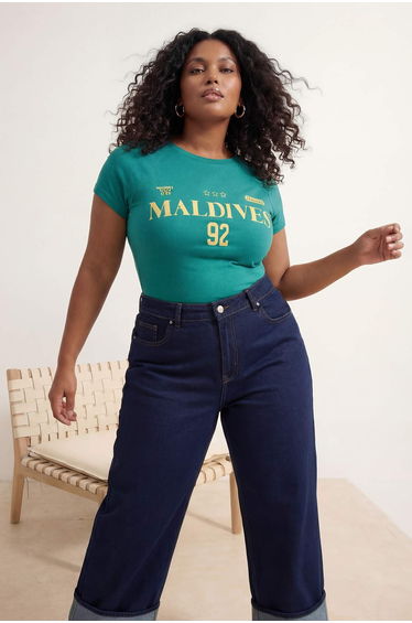 Dark Green Fitted/Bodycon Printed Plus Size T-Shirt