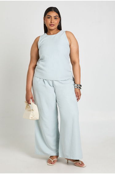 Plus Drawstring Waist Wide Leg Trouser - blue