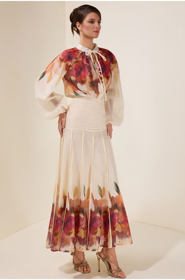 Floral Lace-Up Top & Pleated High Waist Midi Skirt Set