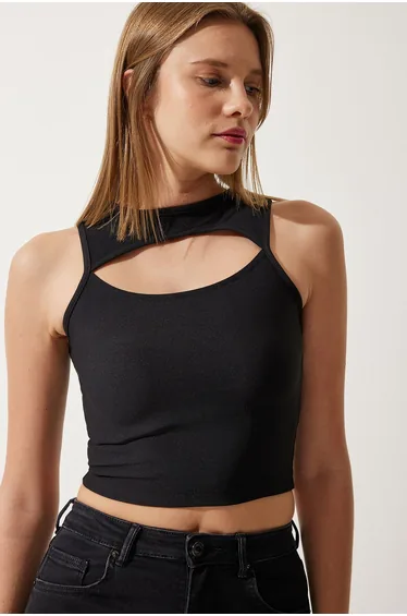 Women's Black Cut Out Detail Ribbed Crop Knitted Blouse