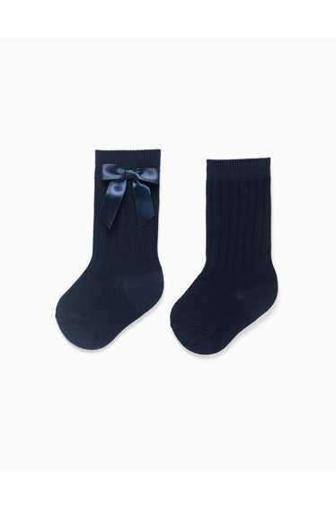 Ribbed Knee High Socks with Bow for Baby Girls, Dark Blue