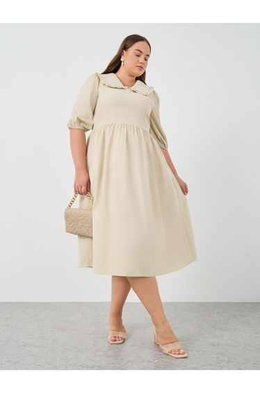 Plus Size Peter Pan Balloon Sleeves A-Line Midi Dress