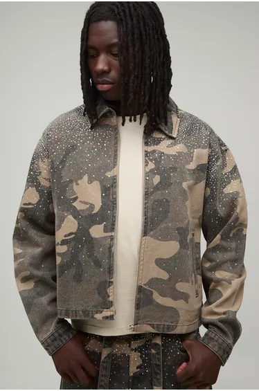 Camo Washed Boxy Rhinestone Co-Ord Denim Jacket - camo