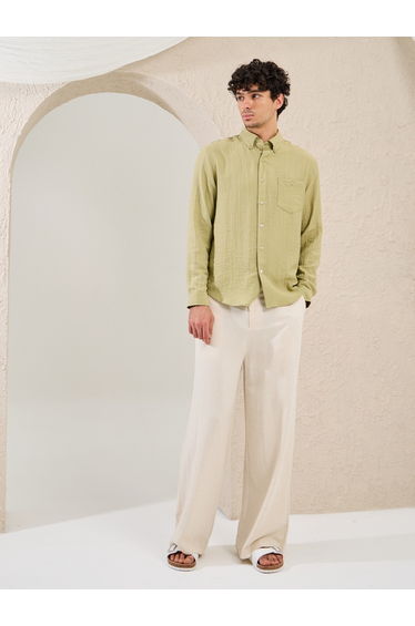 Regular Fit Linen Blend Shirt with Contrast Stitch Detail