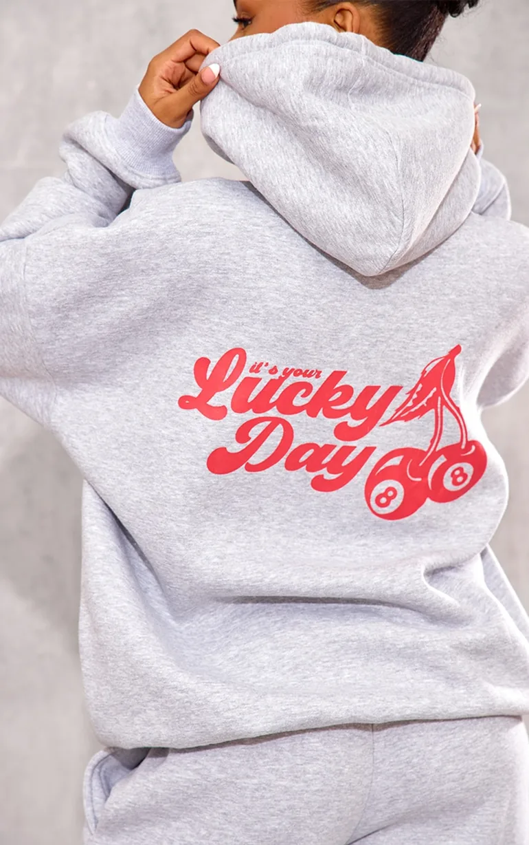 Grey Marl Cherry Print Oversized Hoodie - 3