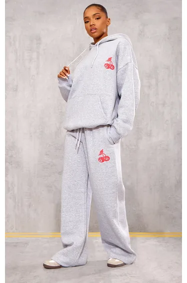 هودي بتصميم واسع بطبعة - رمادي