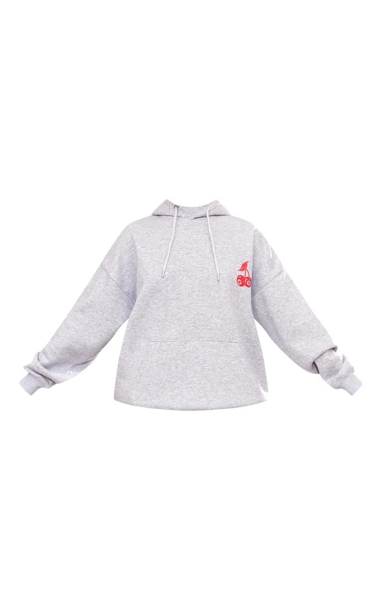 Grey Marl Cherry Print Oversized Hoodie - 4