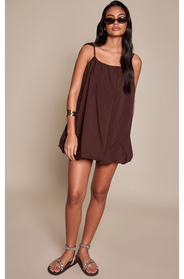 Chocolate Stretch Woven Strappy Puffball Mini Dress