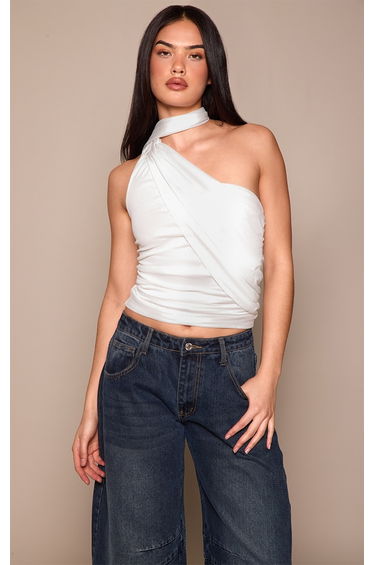 Cream Burnout Mesh Ruched Waist Scarf Detail Top