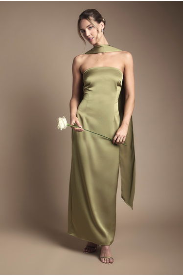 Bandeau Satin Bridesmaid Maxi Dress With Scarf