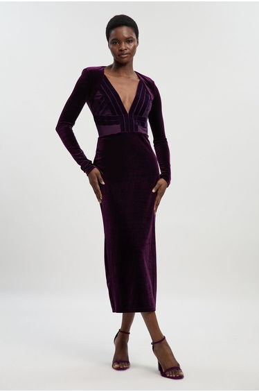 Petite Stretch Velvet Taping Detail Mesh Plunge Neck Cut Out Back Midi Dress