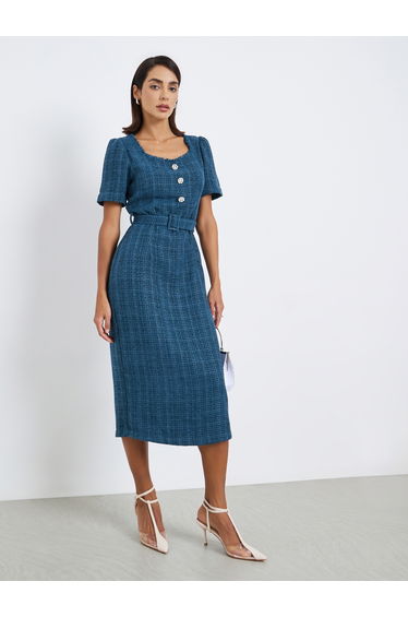 Women Tweed Sheath Midi Dress with Belt