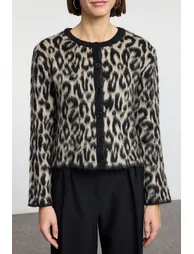 Brown Leopard Patterned Knitted Cardigan - 1