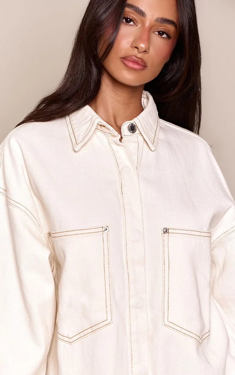 Petite Ecru Oversized Denim Shirt - 1