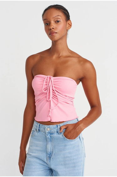 DILVIN Women’s Strapless Crop Blouse With Tie Detail