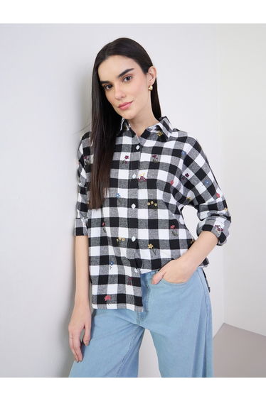 Embroidered Plaid Oversized Shirt