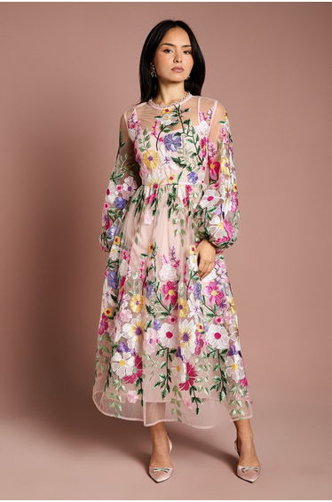 Petite Long Sleeve Embroidered Midaxi Dress