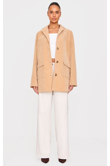 Beige Oversized Longline Faux Suede Blazer Coat