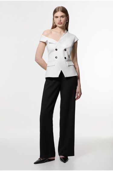 Compact Stretch Asymmetric Collar Wide Leg Tailored Jumpsuit