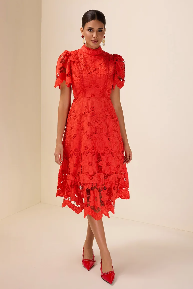 Sana Lace Embroidered Midi Dress in Red JardinVue : Premium Dresses : VogaCloset Oman Sana Lace Embroidered Midi Dress in Red JardinVue : Premium Dresses : VogaCloset Oman