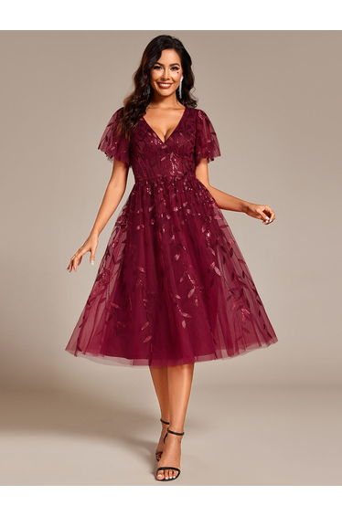 ever SIMONE|Short Sleeves Leaf Sequin A-Line Midi Formal Wedding Guest Dress