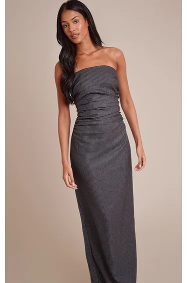 Tall Charcoal Pinstripe Bandeau Ruched Detail Maxi Dress