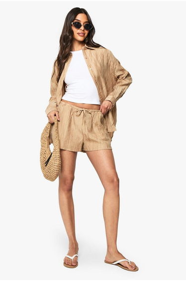 Woven Crinkle Oversized Shirt - mocha