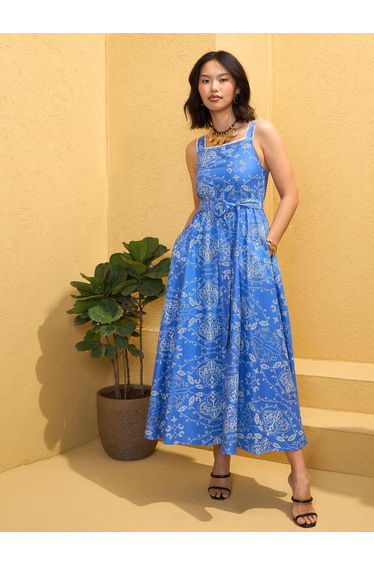 Blue Floral Print Strappy Midi Dress