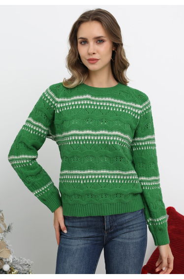 Contrast Color Wavy Textured Hollow Out Knit Sweater in Green