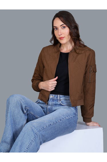 Women Brown Crop Bomber Jacket