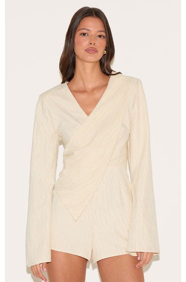Cream Pinstripe Peachskin Wrap Front Long Sleeve Playsuit