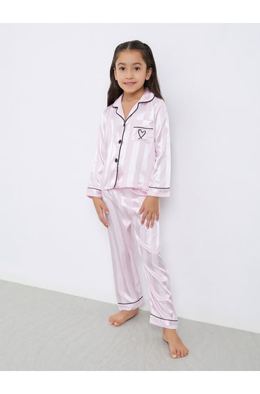 Girls Pink Striped Pocket Detail Shirt and Pyjama Set
